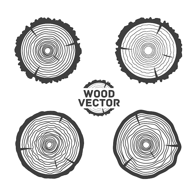 Set of four black isolated vector tree rings background and saw cut tree trunk Vector illustration