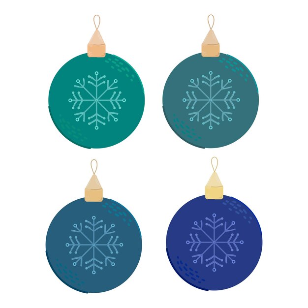 Set of four blue Christmas balls with decoration isolated on white. Vector illustration