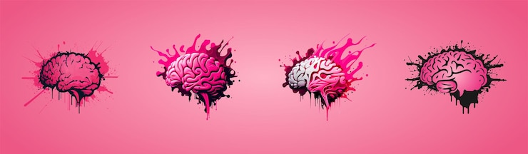 Vector set of four bright human brains pink beautiful brain on pink background spots of ink paint grunge