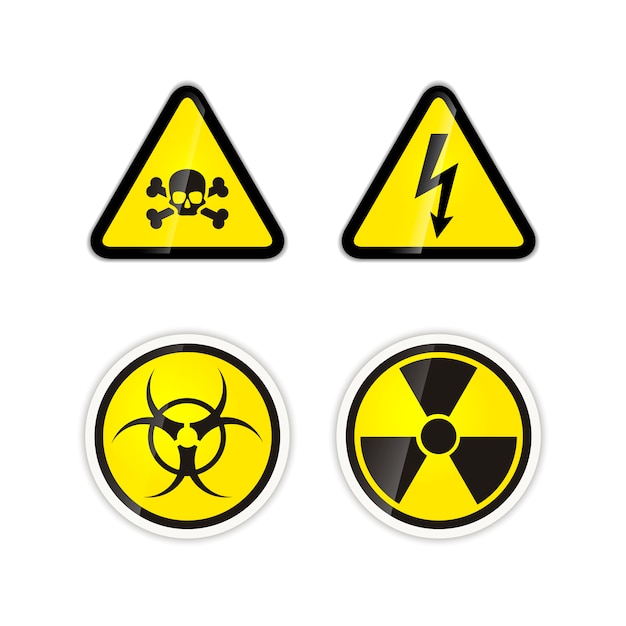 Vector set of four bright warnings signs for high voltage, radiation, biohazard and poison isolated