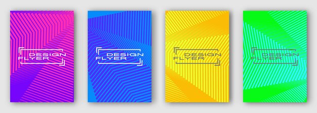 Set of four brochures, posters, flyers. Multi colored geometric lines with curves. Purple blue orange green. For your design. 10 eps