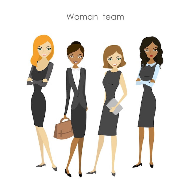 Set of four business woman cartoon female team lady of different races isolated on white vector