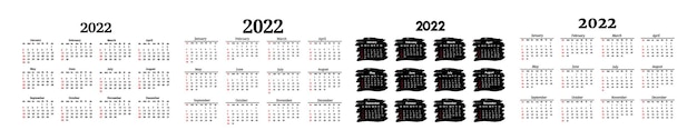 Set di quattro calendari per il 2022 isolati su sfondo bianco. da domenica a lunedì, modello di business. illustrazione vettoriale