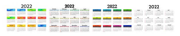 Vector set of four calendars for 2022 isolated on a white background. sunday to monday, business template. vector illustration