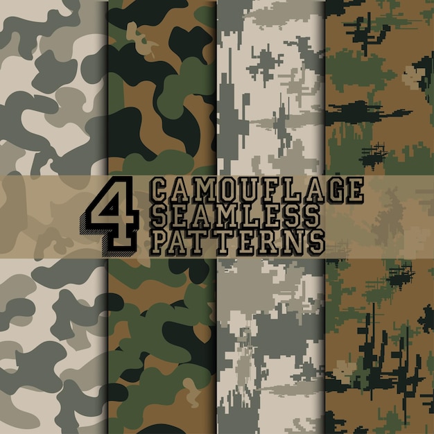 Set of four camouflage seamless patterns military style background digital style camouflage vector