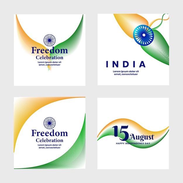 Set of four card poster or banner design with india tricolor flag and ashoka chakra 15 august