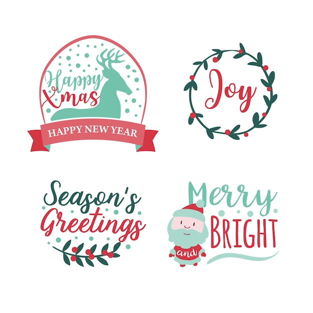 Набор из четырех рождественских логотипов или знаков отличия милый мультфильм рождественская елка вектор