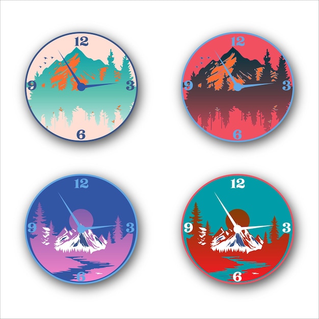 A set of four clocks with mountain scenes on them