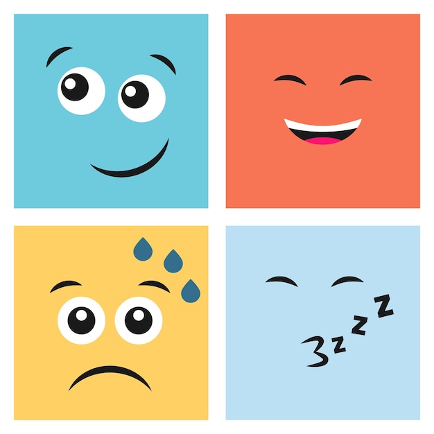 Vettore set di quattro emoticon colorate con facce ridenti, sorprese, ammiccanti e insoddisfatte. icona emoji in piazza. motivo di sfondo piatto. illustrazione vettoriale