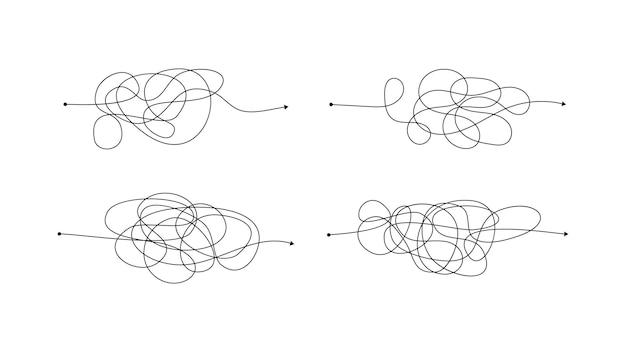 Set di quattro complessi in modo sbagliato con linee disordinate. linee nere con un punto iniziale e una freccia alla fine isolati su sfondo bianco. illustrazione vettoriale