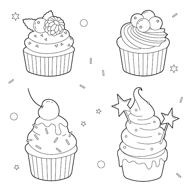 set of four contour cupcakes with cream and berries