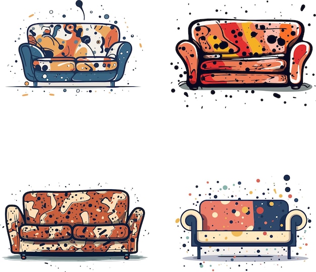 A set of four couches with different colors and the words sofa.