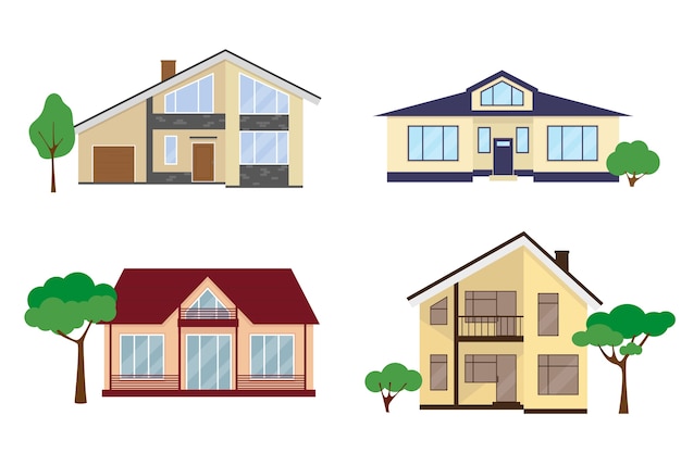 Set of four country houses in flat style