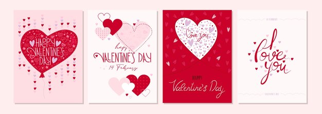 Set of four cute pink Valentines Day postcard