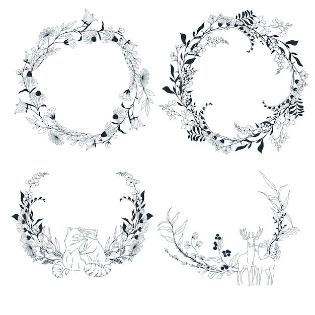 Set of four delicate floral wreaths line art