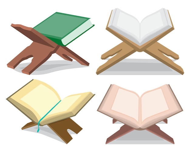 A set of four different colored quran books sit on a stand