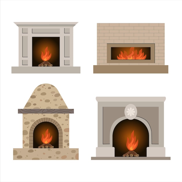 Vector set of four different fireplaces with fire in flat style for design room interior