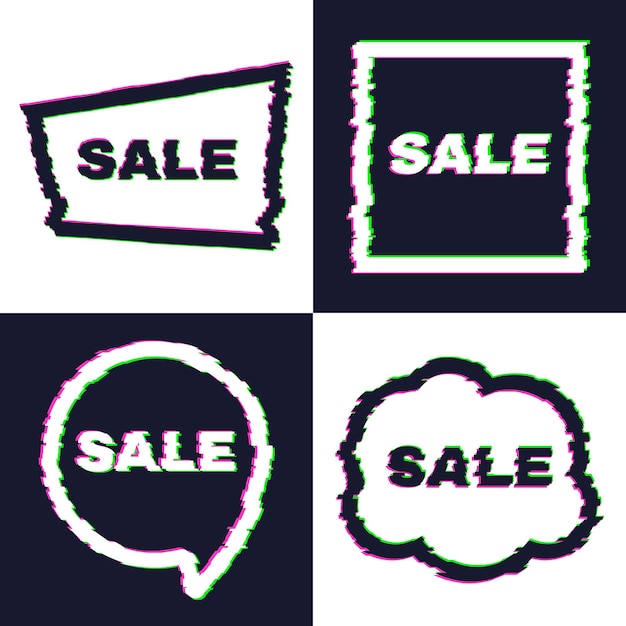 Set of four distorted glitch sale banners with error effect on the edges and in text Vector illustrationxA