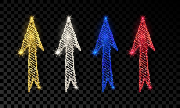 Set of four doodle hand drawn arrows with gold, silver, blue and red glitter effect on dark transparent background. Vector illustration