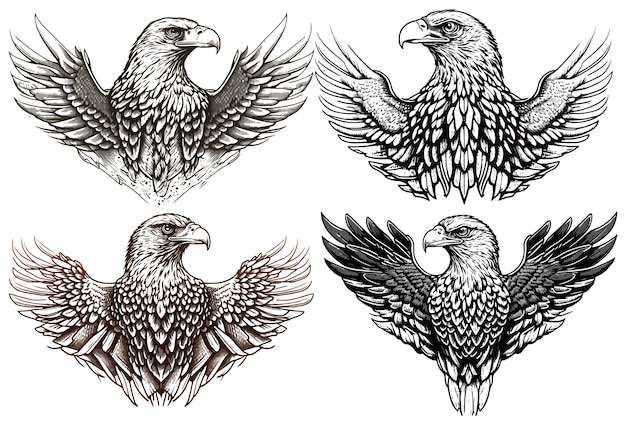 A set of four drawings of three eagles.