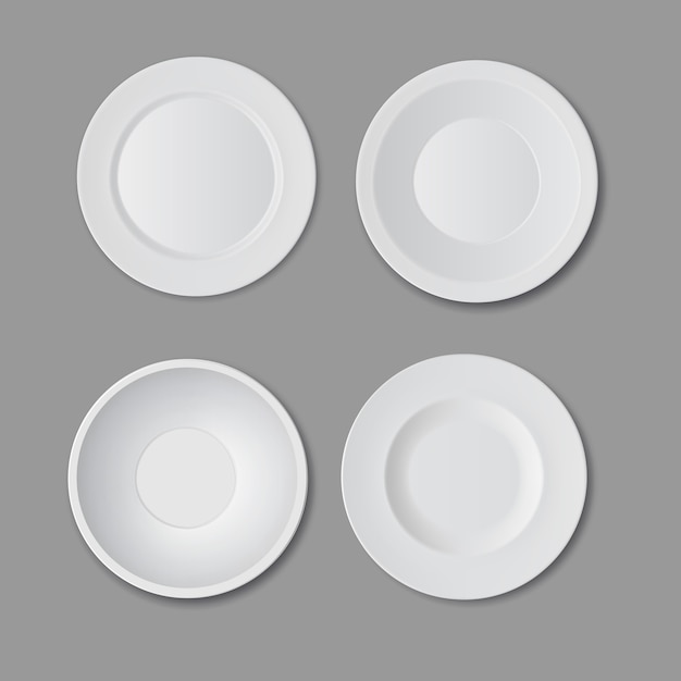 Vector set of four empty white plates isolated on gray background, top view