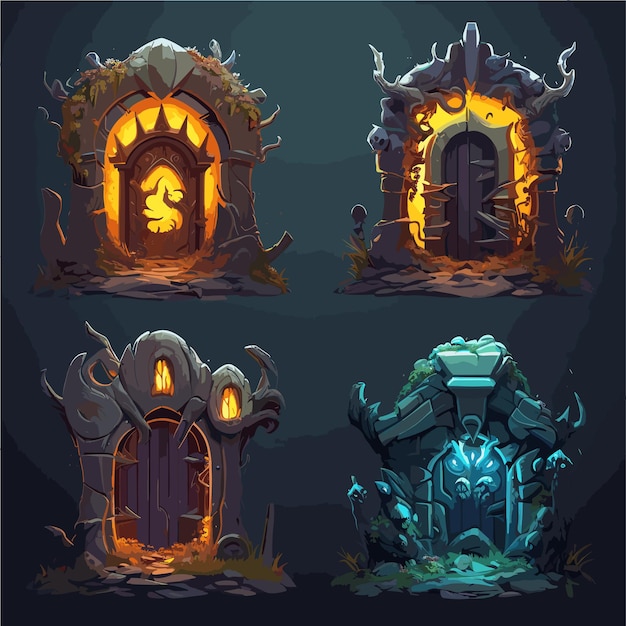 set of four fantasy houses with different shapes and textures magical mystery evil fantasy