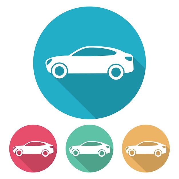 Vector set of four flat style cars in multi colored circles with shadow