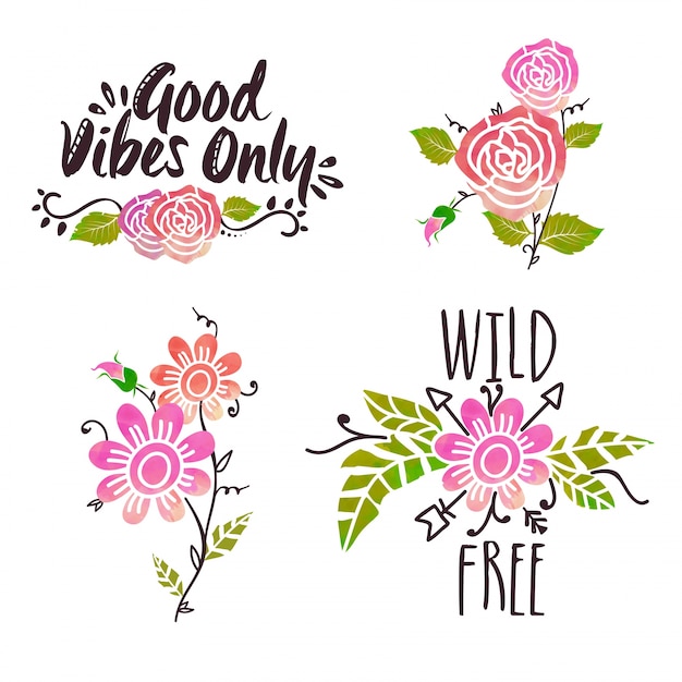 Set of four floral stickers in boho style