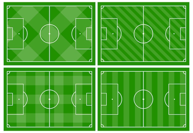 Vettore set di quattro campi da calcio con diversi ornamenti di erba verde. campo da calcio per giocare. illustrazione vettoriale