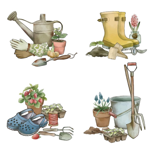 Set of four gardening compositions vintage watercolor style