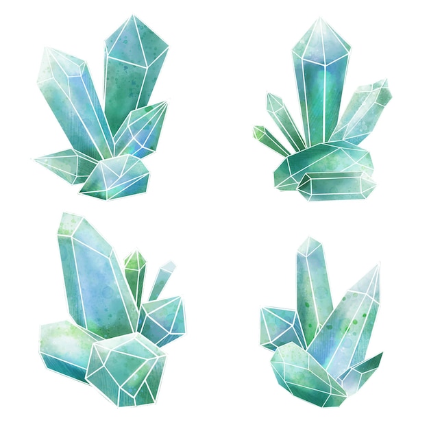 Set of four gems compositions in blue tones, hand drawn   watercolor illustration