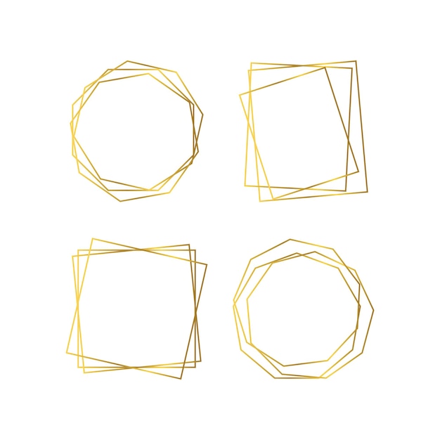 Vettore set di quattro cornici poligonali geometriche dorate con effetti brillanti isolati su sfondo bianco. sfondo vuoto incandescente art deco. illustrazione vettoriale.
