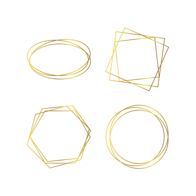 Set of four gold geometric polygonal frames with shining effects isolated on white background. Empty glowing art deco backdrop. Vector illustration.