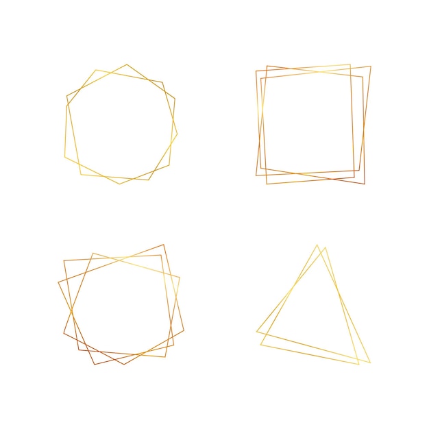 Набор из четырех золотых геометрических многоугольных рамок с блестящими эффектами, изолированных на белом фоне. Пустой светящийся фон в стиле ар-деко. Векторная иллюстрация.