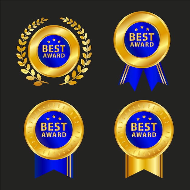 Set of four golden   commercial labels with ribbon blue