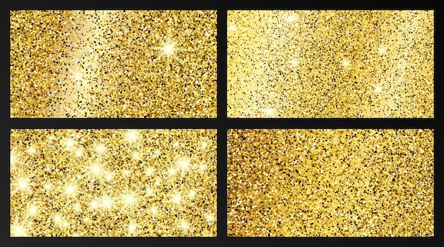 Set of four golden glittering backgrounds with gold sparkles and glitter effect. banner design. empty space for your text.  vector illustration