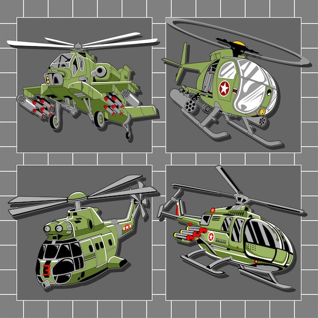 A set of four green helicopter with the word red on the front.