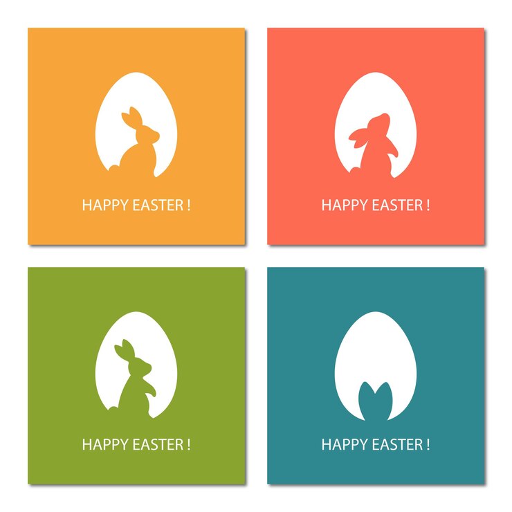 Set of four greeting cards with silhouettes of rabbits and eggs for Easter cards banners or posters