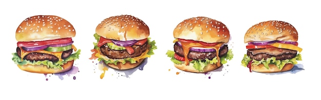 Set of four hamburger watercolor paint