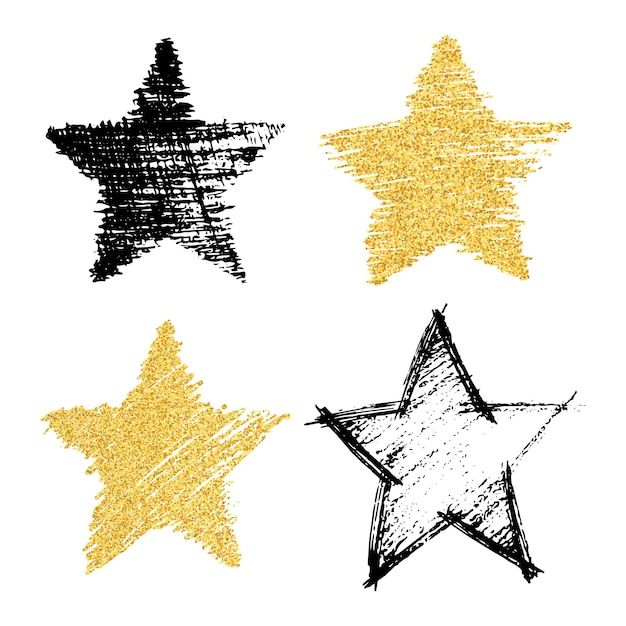 Vettore set di quattro stelle disegnate a mano nere e con effetto glitter oro. forma a stella ruvida in stile scarabocchio con effetto glitter oro su sfondo bianco. illustrazione vettoriale