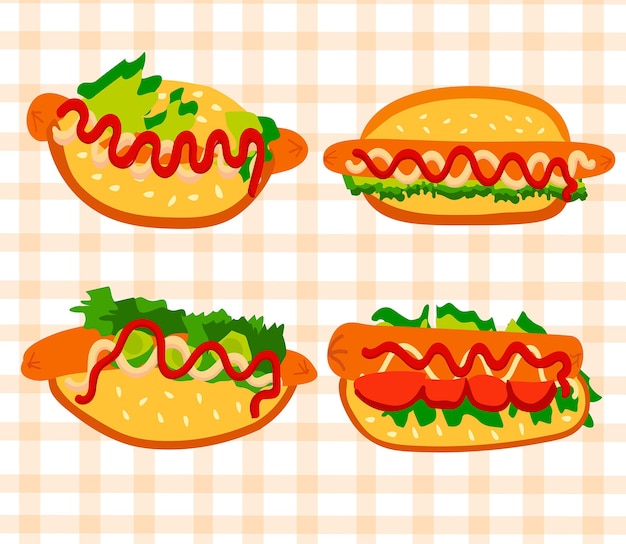 Set of four hot dogs grilled sausages lettuce condiments and buns