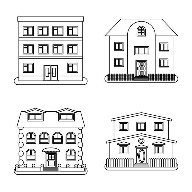 Set of four houses in thin line style