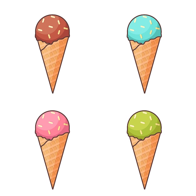 Set of four ice creams in different colors. A scoop of ice cream in a waffle cone.