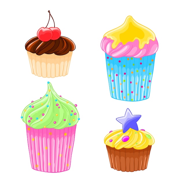 Vector set of four icons in cartoon style delicious muffins with frosting, chocolate and cherry.