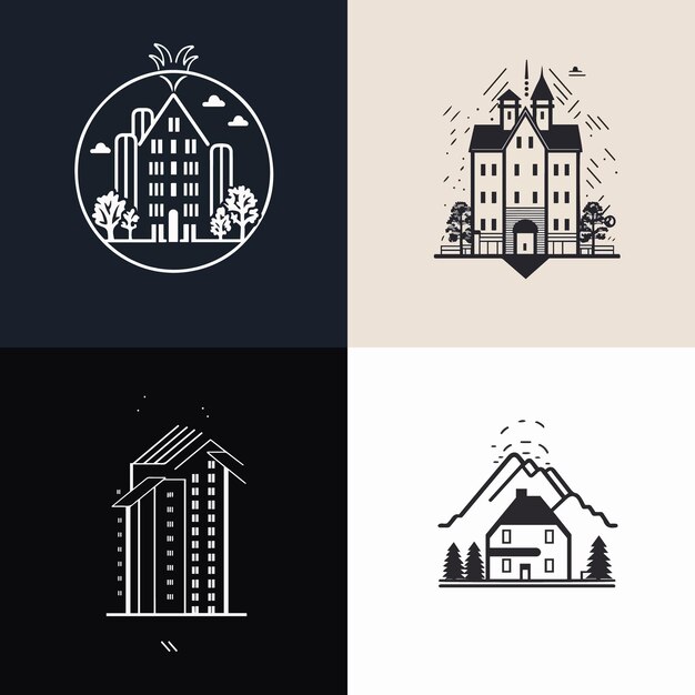 A set of four illustrations for a castle and a house.