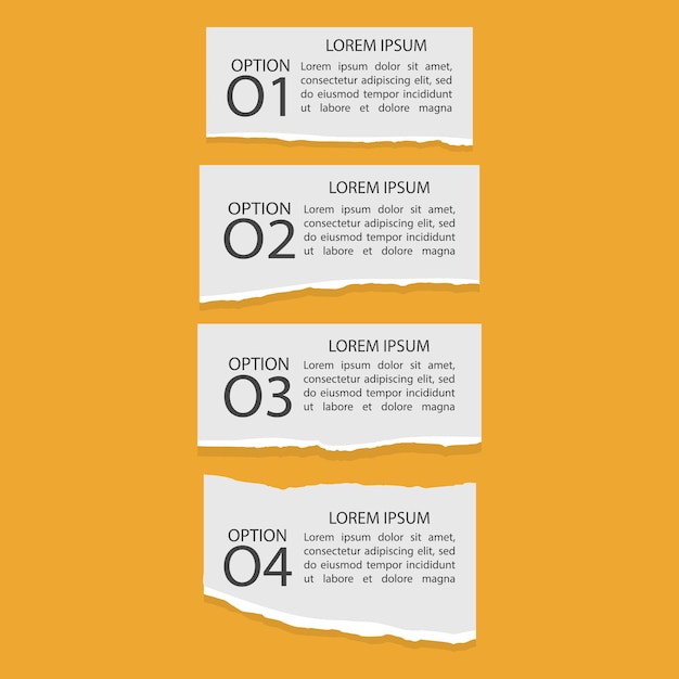 Set di quattro infografiche di carta strappata con numeri e testo, banner su sfondo arancione, formato vettoriale