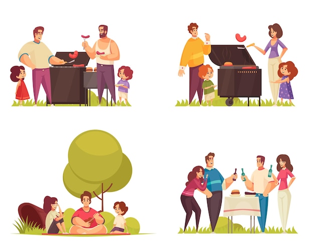 Vector set of four isolated bbq compositions with flat characters of kids groups families adults and friends vector illustration