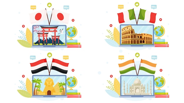 Set of four language center concepts online museum concepts flat design vector illustration