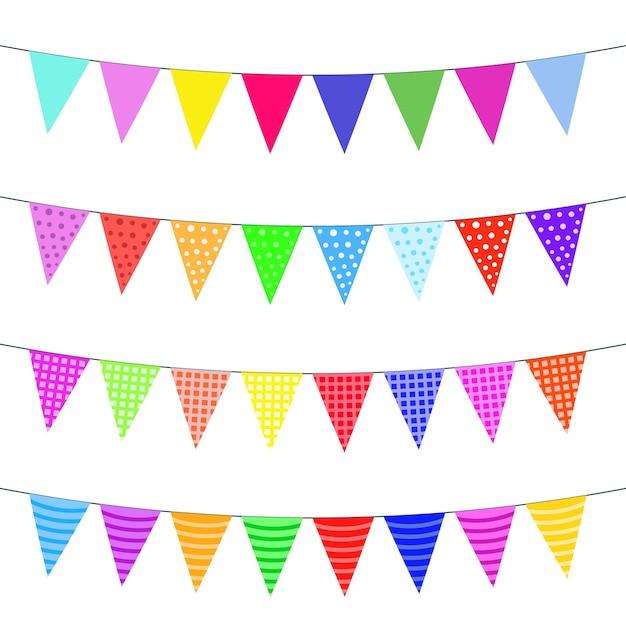 A set of four lines of bunting in different colors striped plaid bunting polka dot bunting