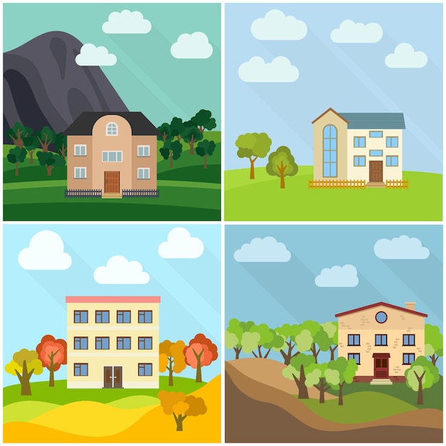 Set of four lonely houses in the nature Vector illustrationxA